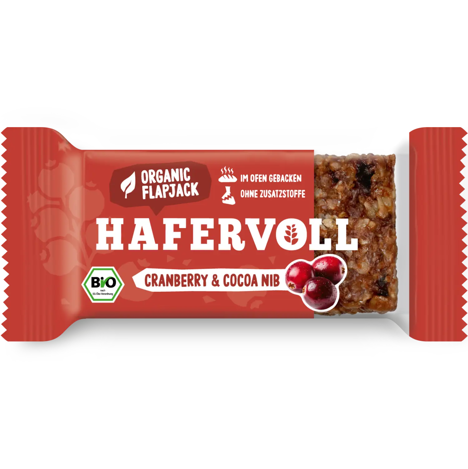 HAFERVOLL Organic Flapjack Cranberry & Cocoa Nib 60g – säuerlich-schokoladiger Bio-Haferriegel